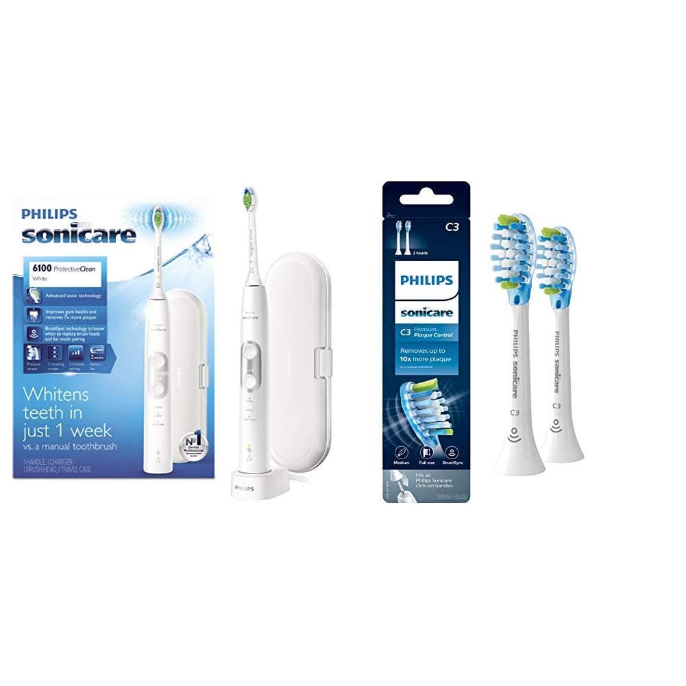 Protective Clean 6100 White and 2 pack Premium Plaque Control Brush Head Bundle