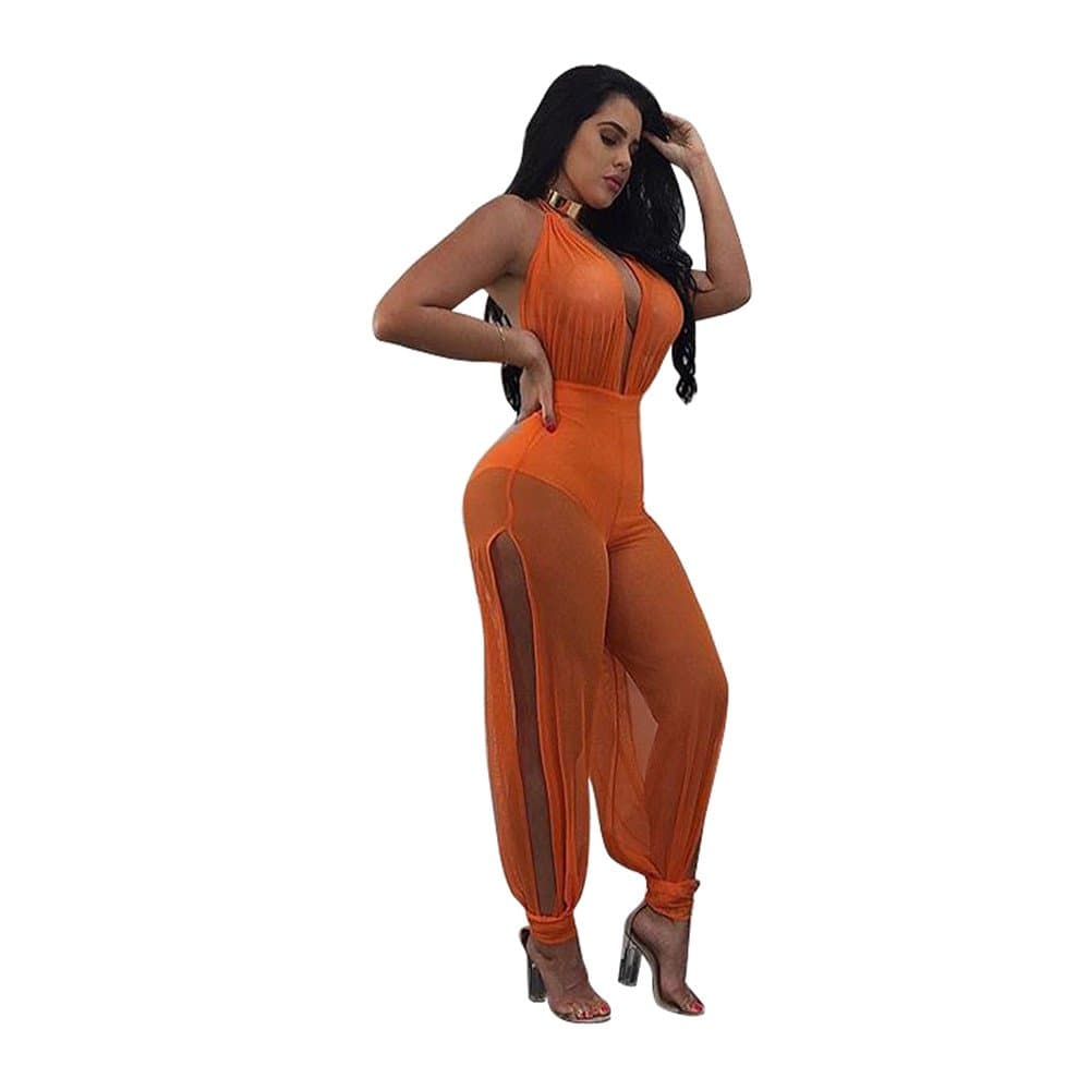 Star Han Women Deep V-Neck Backless Sexy Mesh See Through Bandage Side Slit Jumpsuit (Large, Orange)