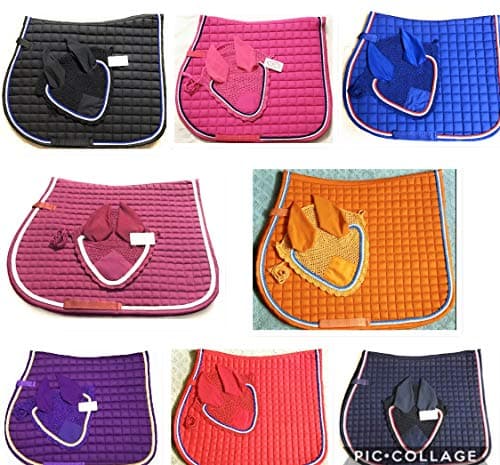 Horse English Saddle PAD with Matching Fly Bonnet with Ear NETS Breathable Cotton Handmade Full Size Stretchable Ears (Navy, Full)