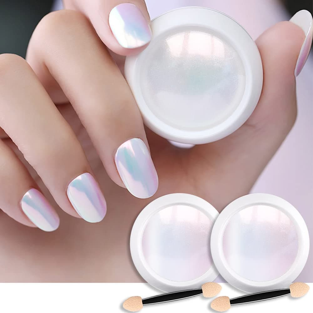 evpct 2Pcs Pearl White Mermaid Aurora Chrome Nail Powder Kit for Gel Nails Polish Rainbow Holographic Iridescent Chameleon Metallic Neon Nail Pigment Mirror Chrome Nail Powder for Gel Nails Glitter