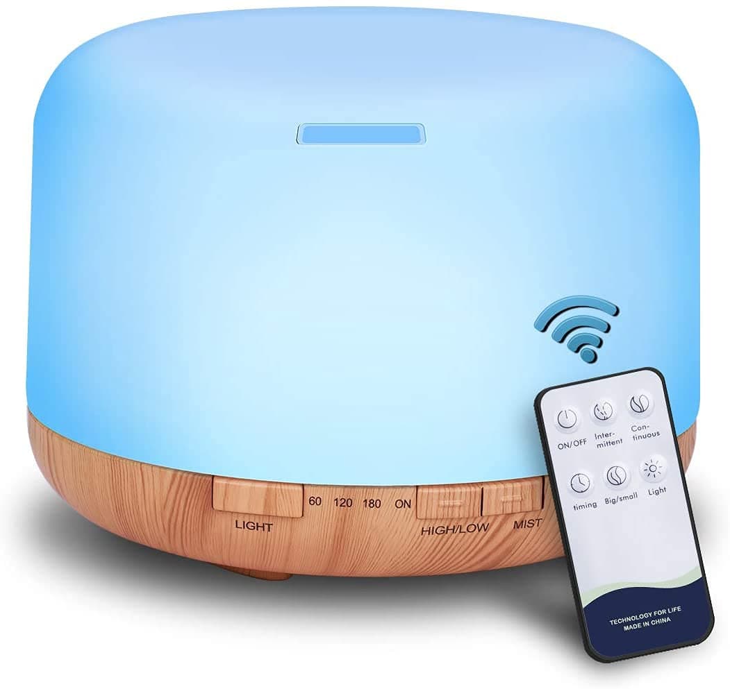 Baeskii 500ml Essential Oil Diffuser, Quiet Aromatherapy Mist Diffusers for Essential Oils, Ultrasonic Oil Diffuser with Remote Control,Timer, 7 Colors Light for Bedroom