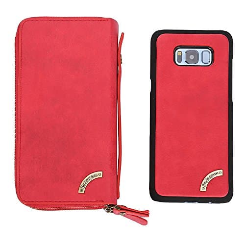 Galaxy S8 Plus Zipper Wallet Case, Multi-Function Purse Removable Back Cover with Strong Magnetic, Dual Zipper Cash Storage and Card Slots Case with Mirror Hand Strap for Samsung Galaxy S8 Plus-Red