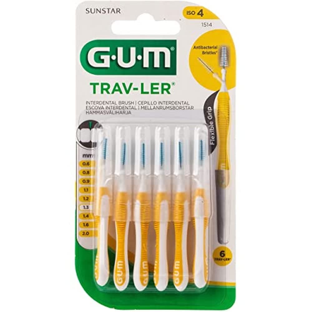 Gum Trav-Ler Plaque Removal-Tapered Interdental Brush -Yellow- Ergonomic Comfort Flex Handle-Removes upto 25% more plaque-Wire is Coated - Anti Bacterial Protection Bristles - Use Gently - 6 pcs