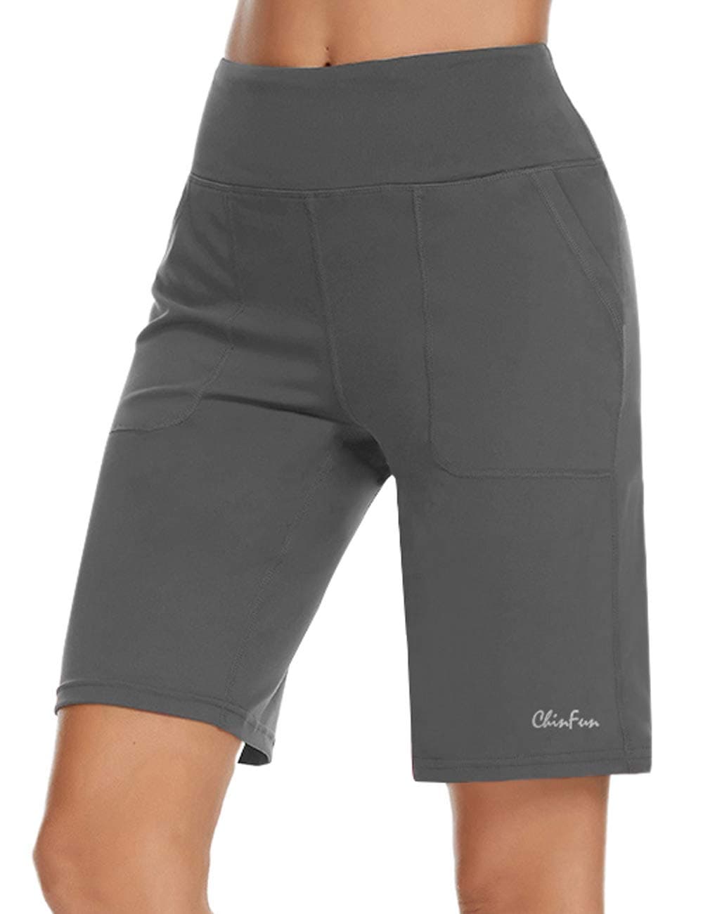 ChinFun Women's 10" High Waist Yoga Shorts Bermuda Shorts Athletic RunningWorkout Lounge Shorts with Deep Pockets