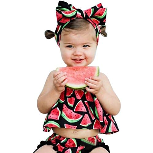 Toraway 2PCS/ Set Toddler Kid Baby Girl Watermelon Printed Blouse Tops+ Shorts Pant + Headbands Outfits Sunsuit Clothes (3T, Red)
