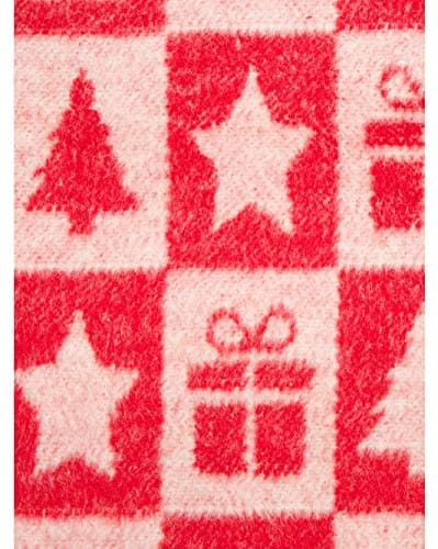 Roca Home Portugal Luxury Holiday Decorative Oversize Throw Blanket Toss Winter Checkered Woodblock Pattern Stars Trees in Shades of Red and White