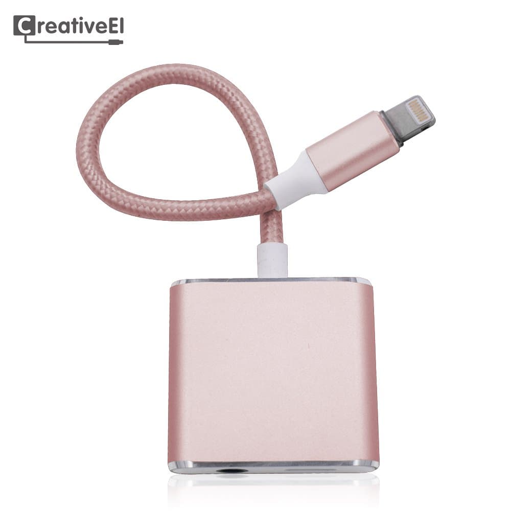 iPhone 7/7 Plus Audio Adapter, Charge Adapter, Earphone Adapter 2 in 1 Lightning 3.5mm Headphone Adapter Cable by CreativeEI (Rose Gold)