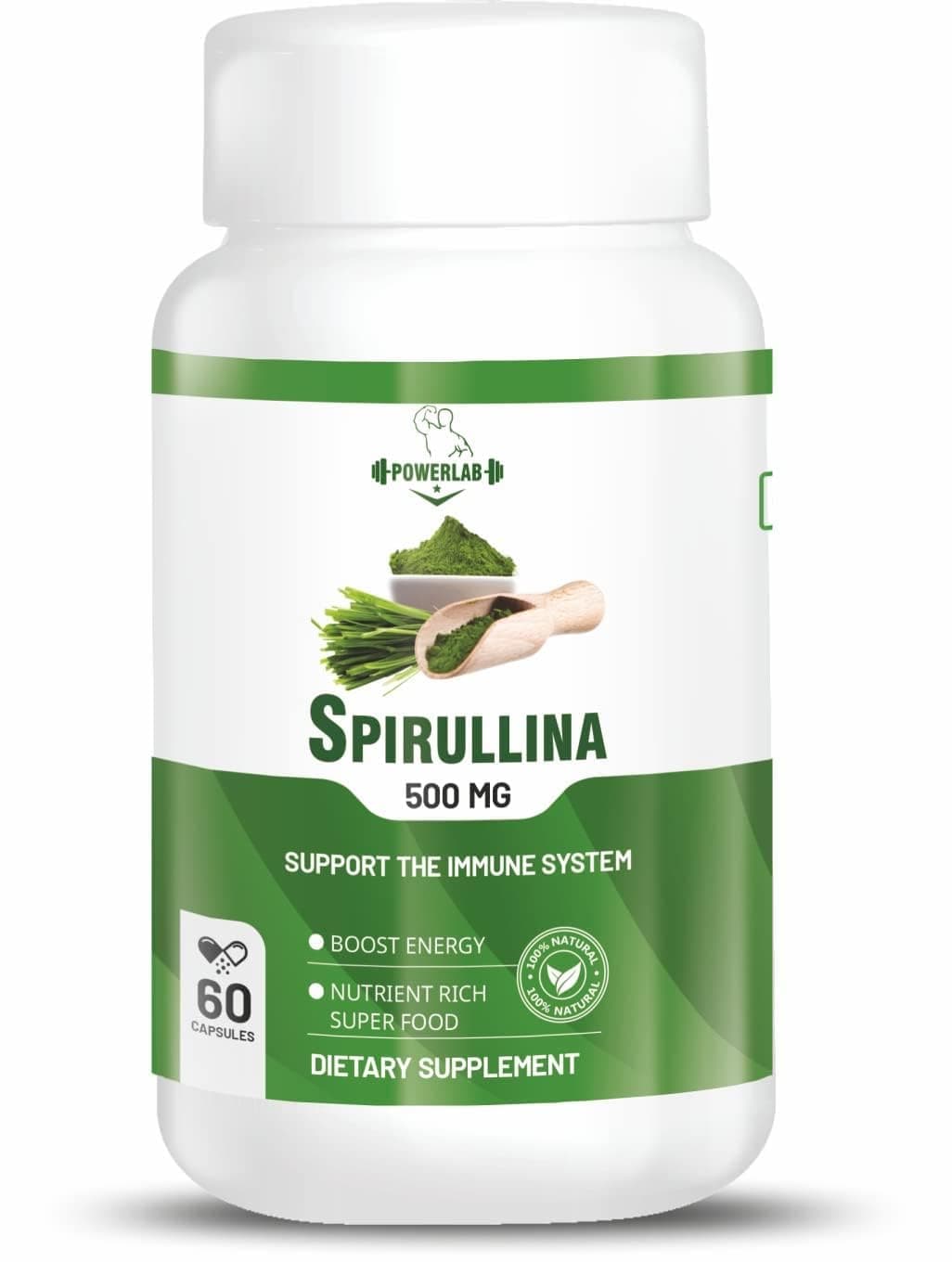 Power lab Spirullina 500mg green Food For Good Health Weight Management And Immunity Booster Helps In Healthy Heart Green Food60 vegetarian