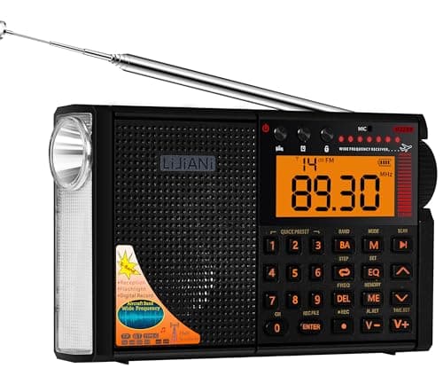 Shortwave Radio AIR/VHF/AM/FM/SW/Weather Bands Transistor with Bluetooth/TF Card/Flashlight,Key Backlight, Digital Record, Alarm Clock,Sleep Timer,Powered by AA & BL-5C Battery,Type-C;ANT Jack