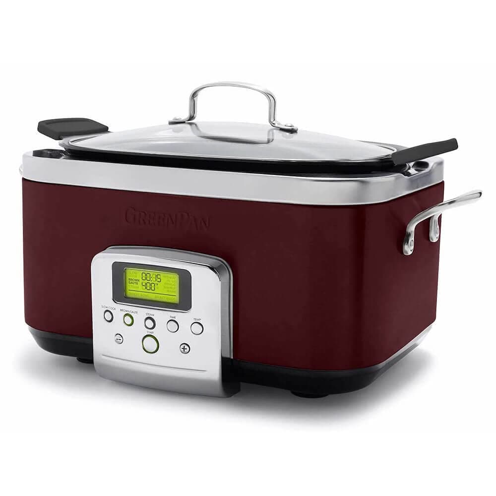 GreenPan Elite 8-in-1 Programmable 6QT Electric Slow Cooker, Dishwasher Safe Lid & Removable Crock, PFAS-Free Healthy Ceramic Nonstick Multi-Cooker, Sear,Sauté/Brown,Steam Basket,Roast, Fig Red