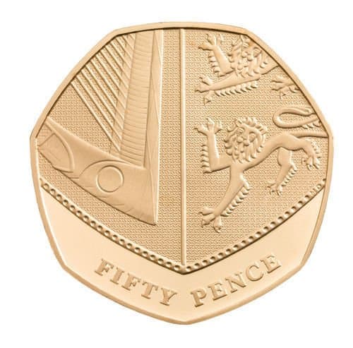 The Royal Mint 24K Gold Plated UK Shield Uncirculated 50p Mint State Collectible Coin