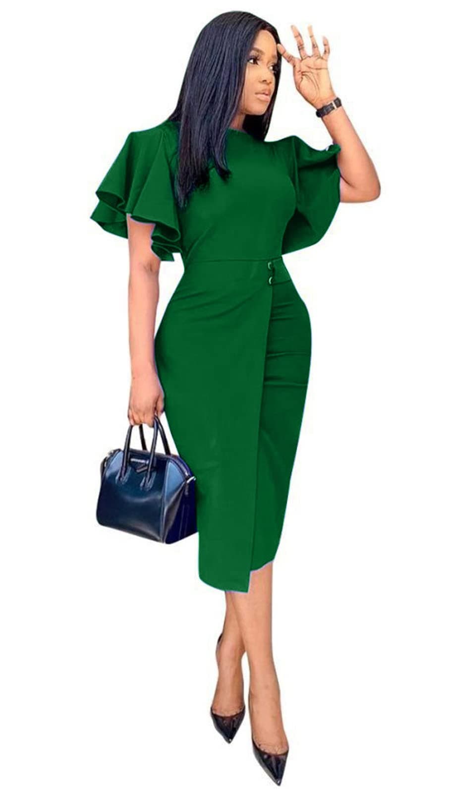 EkaliyWomen's Ruffle Sleeve Vintage Bodycon Peplum Business Formal Work Pencil Dress
