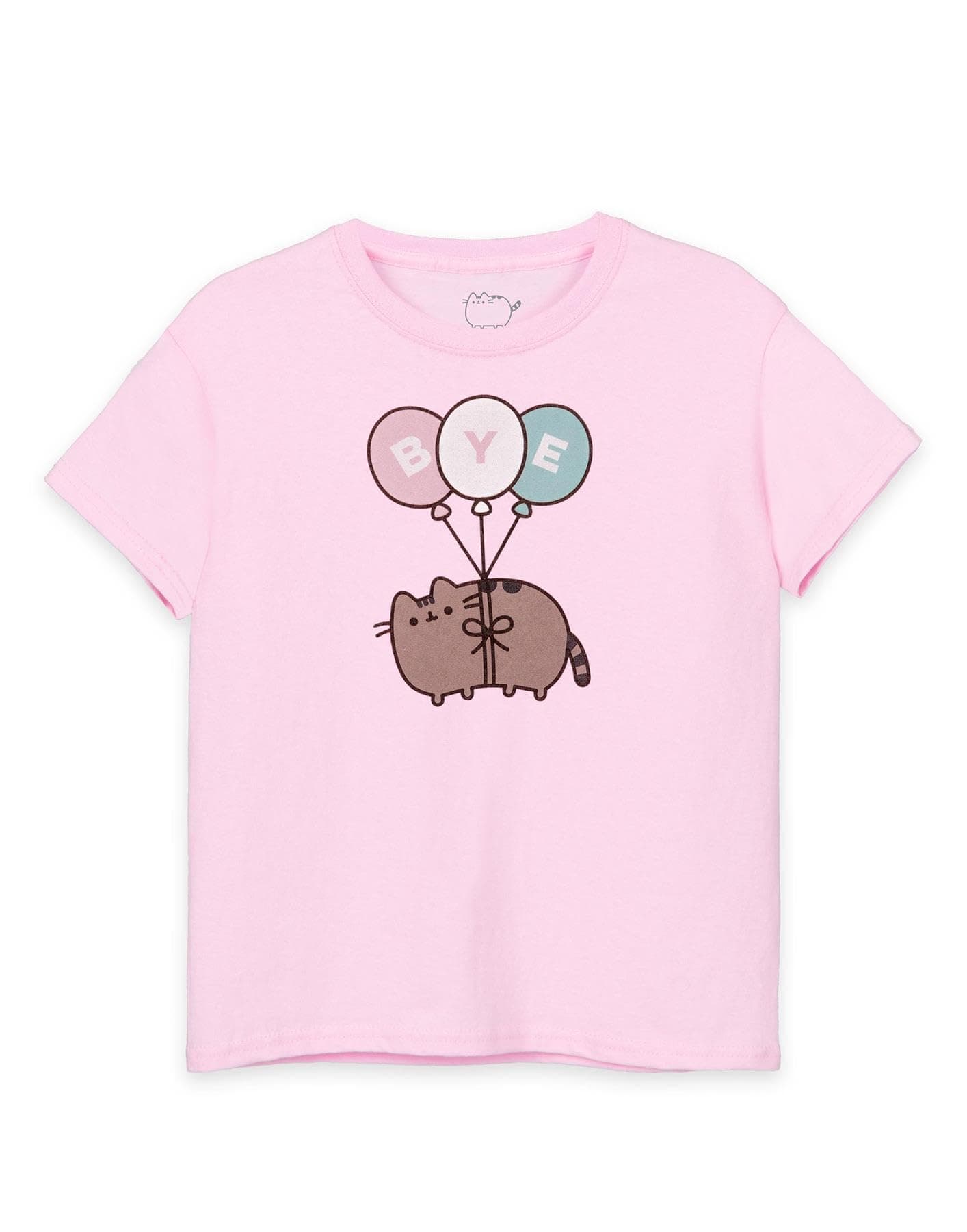 Pusheen Girls Short Sleeve T-Shirt | Young Ladies Bye Balloon Pink Graphic Tee | Internet Cat Cute Daywear
