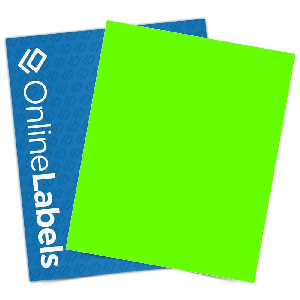 Fluorescent Green Sticker Paper, 100 Sheets, 8.5 x 11 Full Sheet Label, Inkjet or Laser Printer, Online Labels