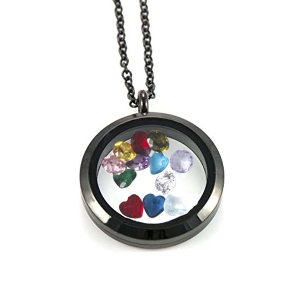 EVERLEAD Black Living Memory Floating Round Locket Pendant Necklace with 316L Stainless Steel Material
