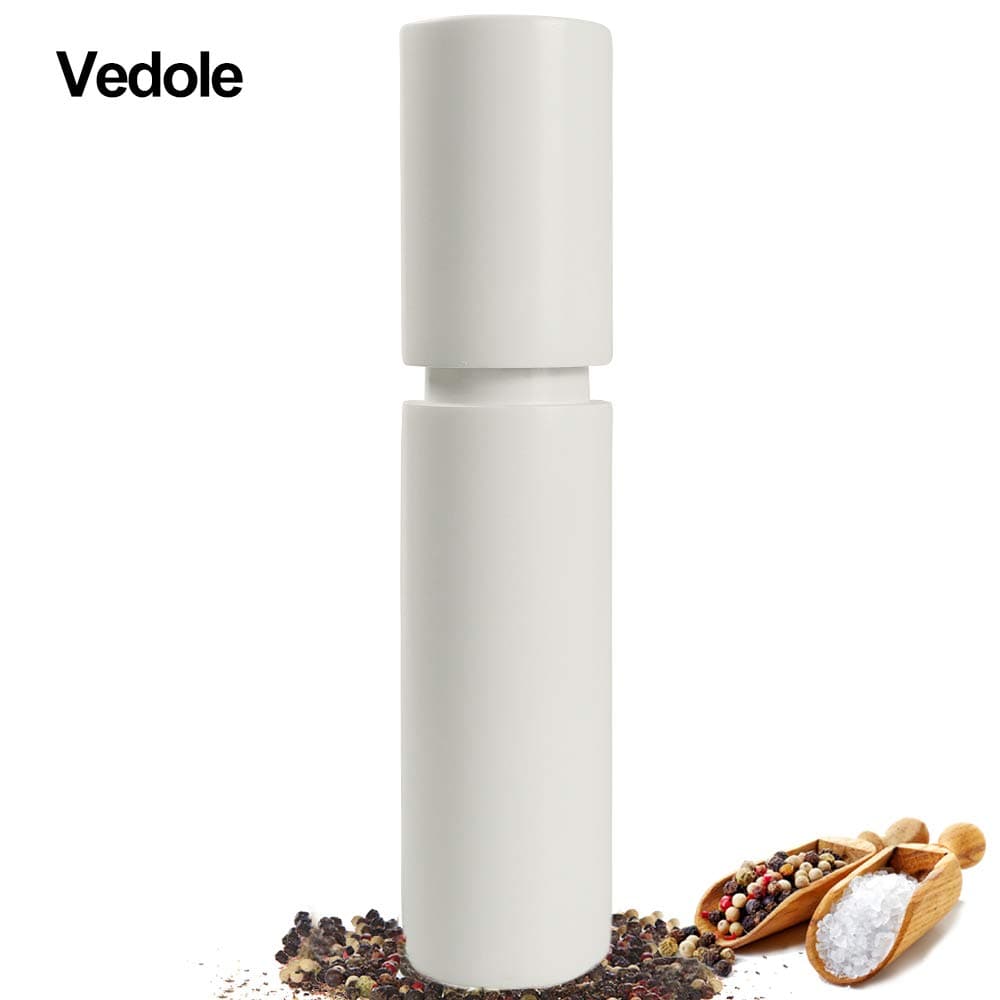 Pepper and Salt Grinder, Solid Wood Pepper Mill Spice Mill with Hand Rotate Movement Grinders, and Strong Adjustable Coarseness Fine to Coarse (9 inches, White)