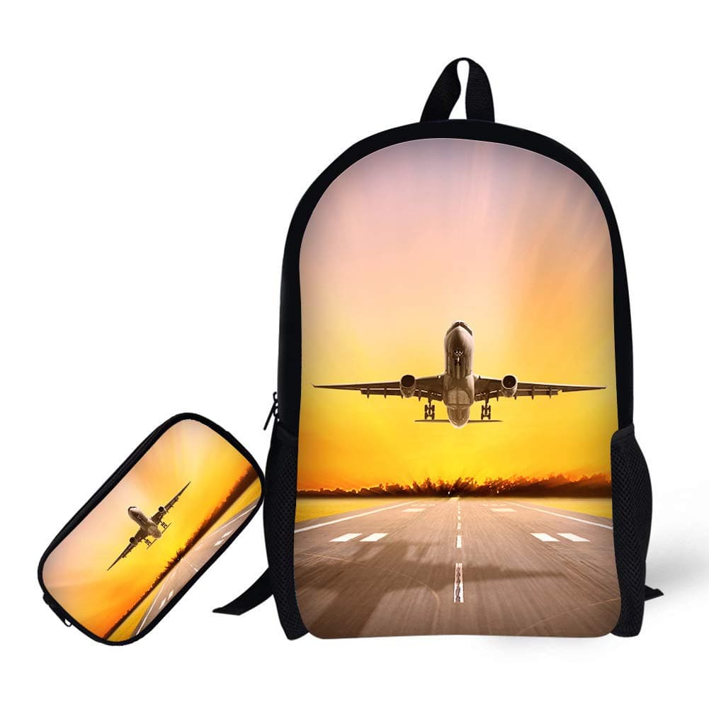 Students Backpack with Pencil Bag,17" Bookbag 3D Airplane Print for Kids