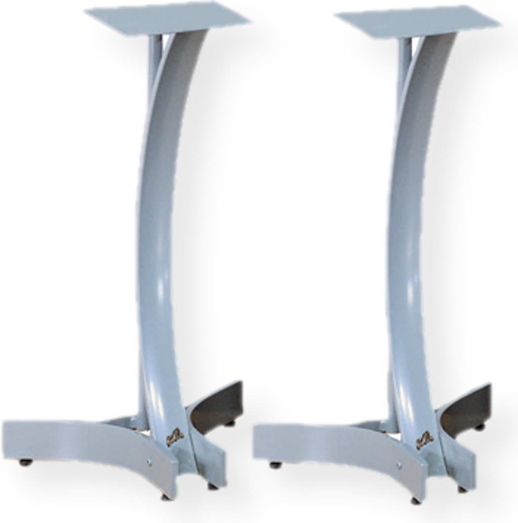 Bell'O SP-224T Speaker Stands, 1 Pair, 24 Inches Tall, Curved Steel Frame, Titanium Metallic Silver Color, 7 x 7 Inches Shelf, Features Wire Management, Up To 100 Pounds Weight Capacity