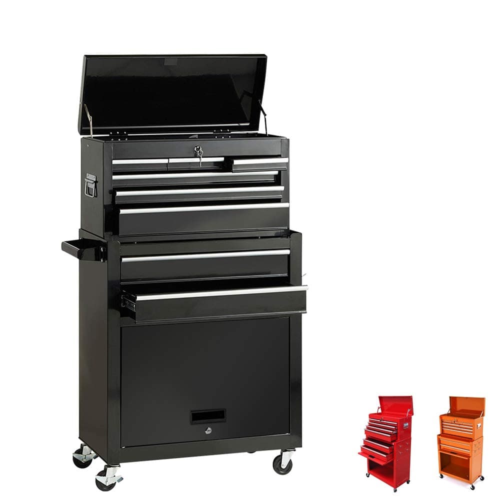 Portable Tool Storage Box 2 in 1 Rolling Tool Chest Removable Tool Storage Cabinet with Sliding Drawers Keyed Locking System Toolbox Organizer,Black