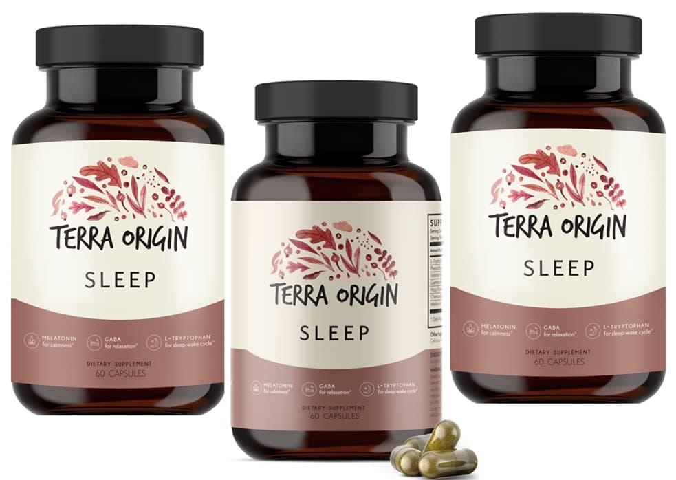 TERRA ORIGINSleep Supplement Capsules. Non-GMO, Vegan | 5mg Melatonin, L-Tryptophan, GABA, Chamomile, Valerian, PassionFlower - 180 Capsules (3 Bottles)