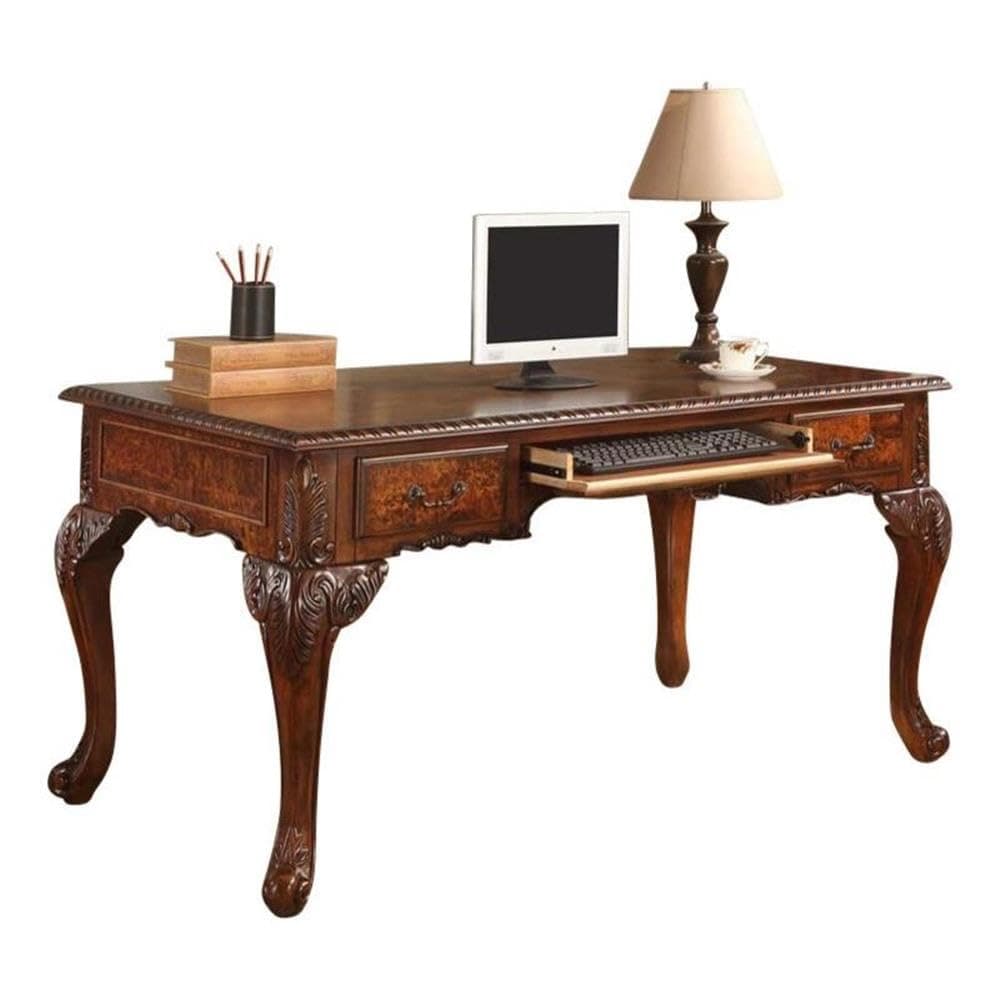 Chester 60" Rectangular Wood Veneered Executive Traditional Office Desk with Hand-Carved Designs, 3 Hand-Pull Drawers with Metal Glides, Large Office Desk with Cabriole Legs, Cherry Walnut