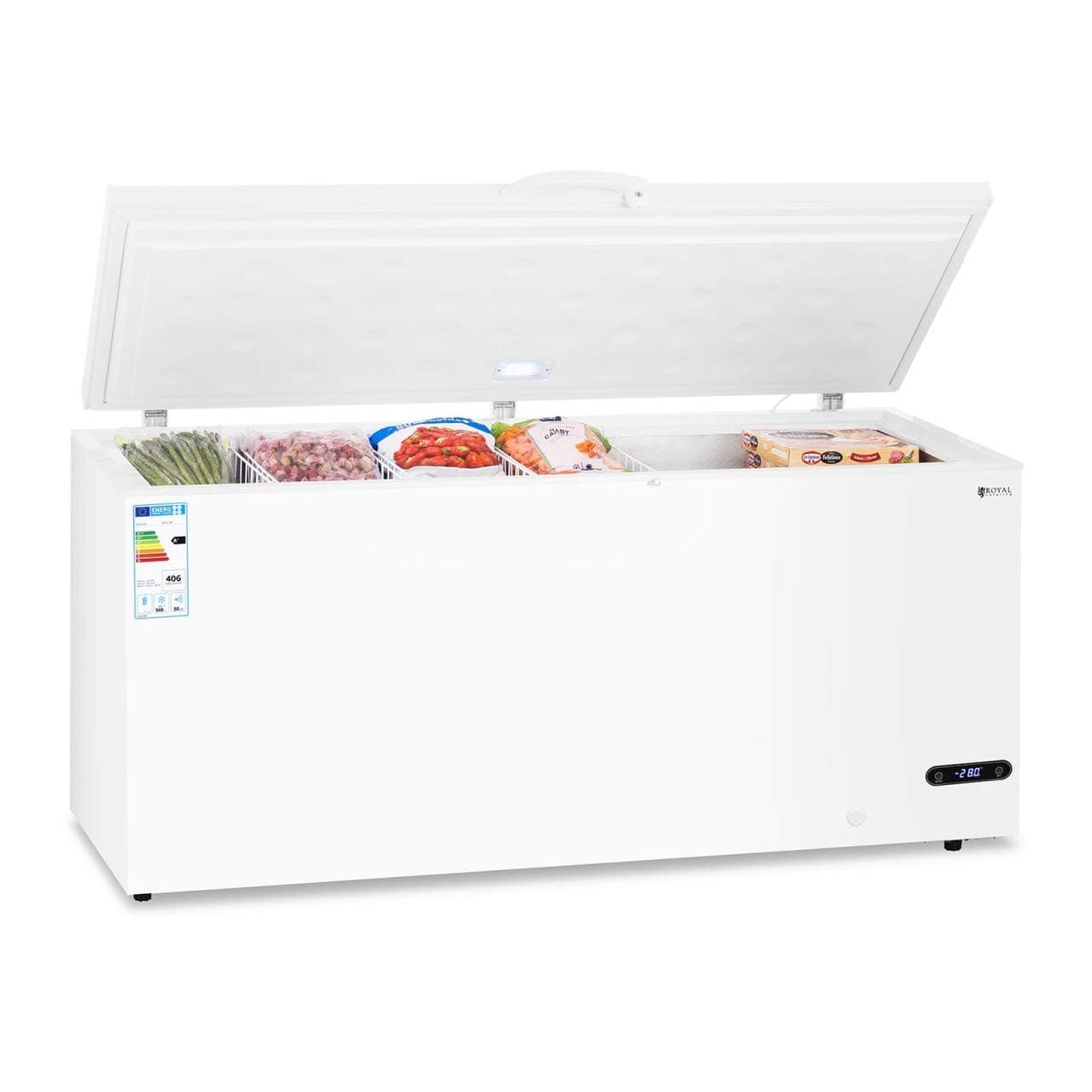 Royal Catering Commercial Chest Freezer Deep Freezer With Lock 4 Baskets 560L -12 to -40°C RCFZ-560+ (Energy Class A+, Safety Lock, 2 Keys, 135W) [Energy Class A+]