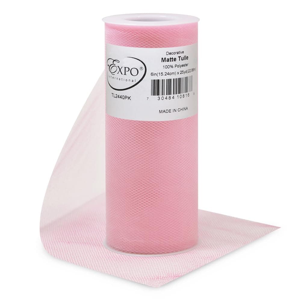 Expo International Decorative Matte Tulle, Lightweight Polyester Tulle Fabric for Tutus, Costumes, and Party Decorations, Washable, Easy-to-Use, 6 Inch x 25 Yards, Pink, Pack of 1