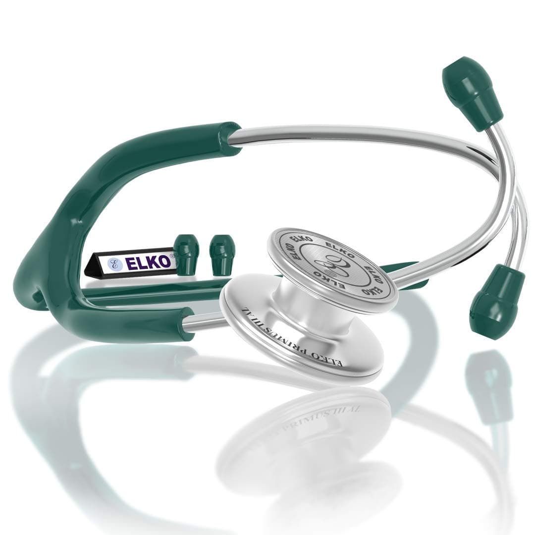 - ELKO EL-160 Primus III AL Aluminum Head Stethoscope For Doctors and Medical Students | Double Sided Chest Piece For Adult & Pediatric Patients | U-Shaped PVC Tubing | Soft Sealing Ear Knobs (Green)