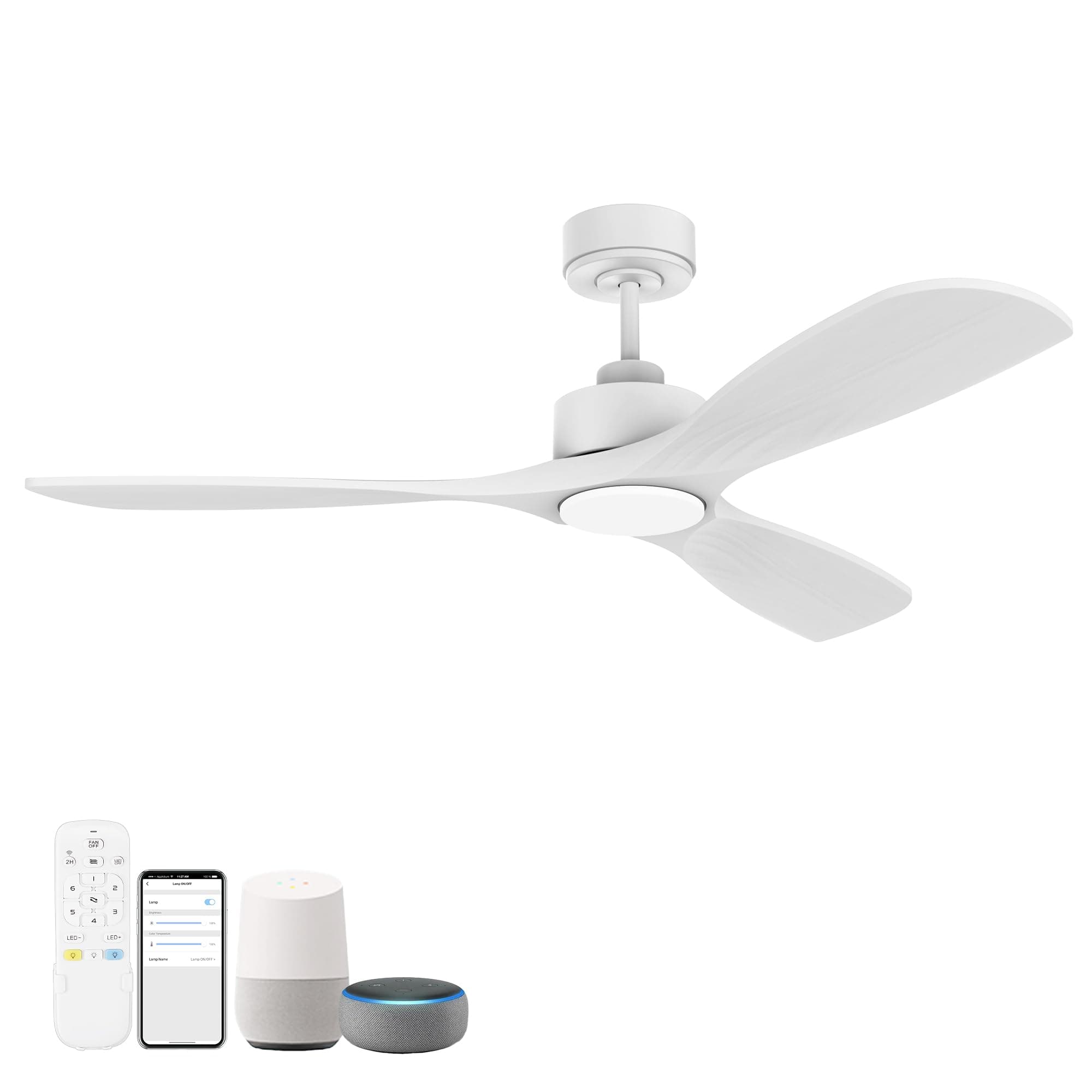 52” Wood Smart Ceiling Fans with Lights Remote,Quiet DC Motor,Outdoor Indoor Ceiling Fan,Voice Control via WIFI Alexa App,Dimmable,Modern White Lighting& Ceiling Fan for Bedroom Patio Porch