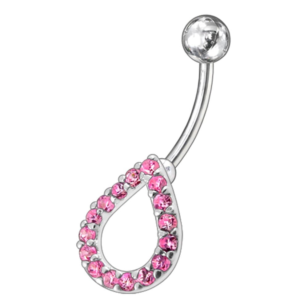 Silver Belly Rings Pink CZ Crystal Gemstone Studded Teardrop Design 925 Sterling Body Jewelry