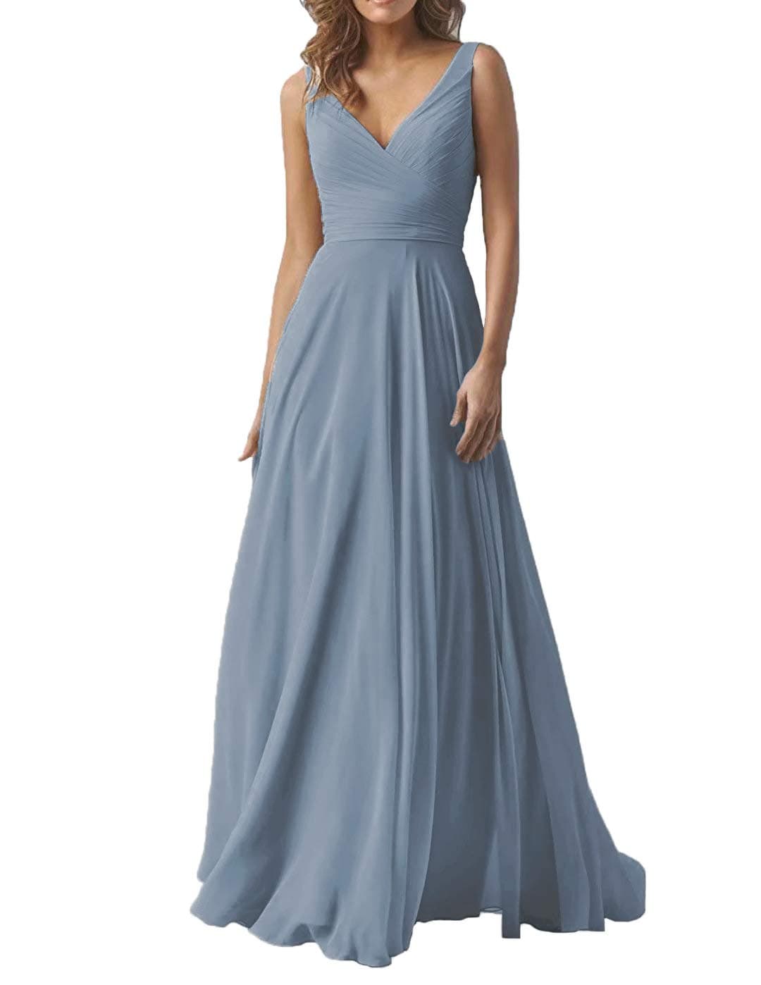 Dusty Blue Double V-Neck Formal Evening Dress Long Chiffon Wedding Bridesmaid Party Dreses for Women