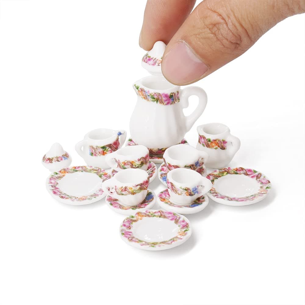 Odoria 1/12 Miniature Porcelain Tea Set 15Pcs Dollhouse Decoration Accessories, Wreath