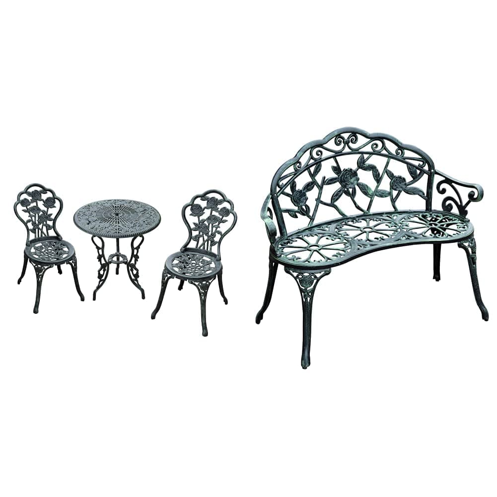 Outsunny Cast Aluminium Outdoor Patio Garden Bistro Elegant Design Table Chair Set - Green (3-Piece) & Cast Aluminium Outdoor Garden Patio Antique Rose Style Bench Porch Park Chair Seater - Green