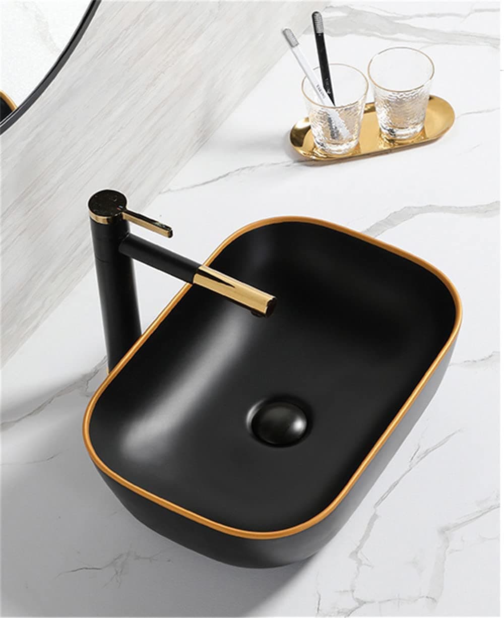 Hi CASA® Wash Basin Countertop | Tabletop Ceramic Bathroom Sink | Wash Basin Over Counter | Wash Basin For Bathroom (18 x 13 x 5.5 Inch) (Black -Golden Tip)