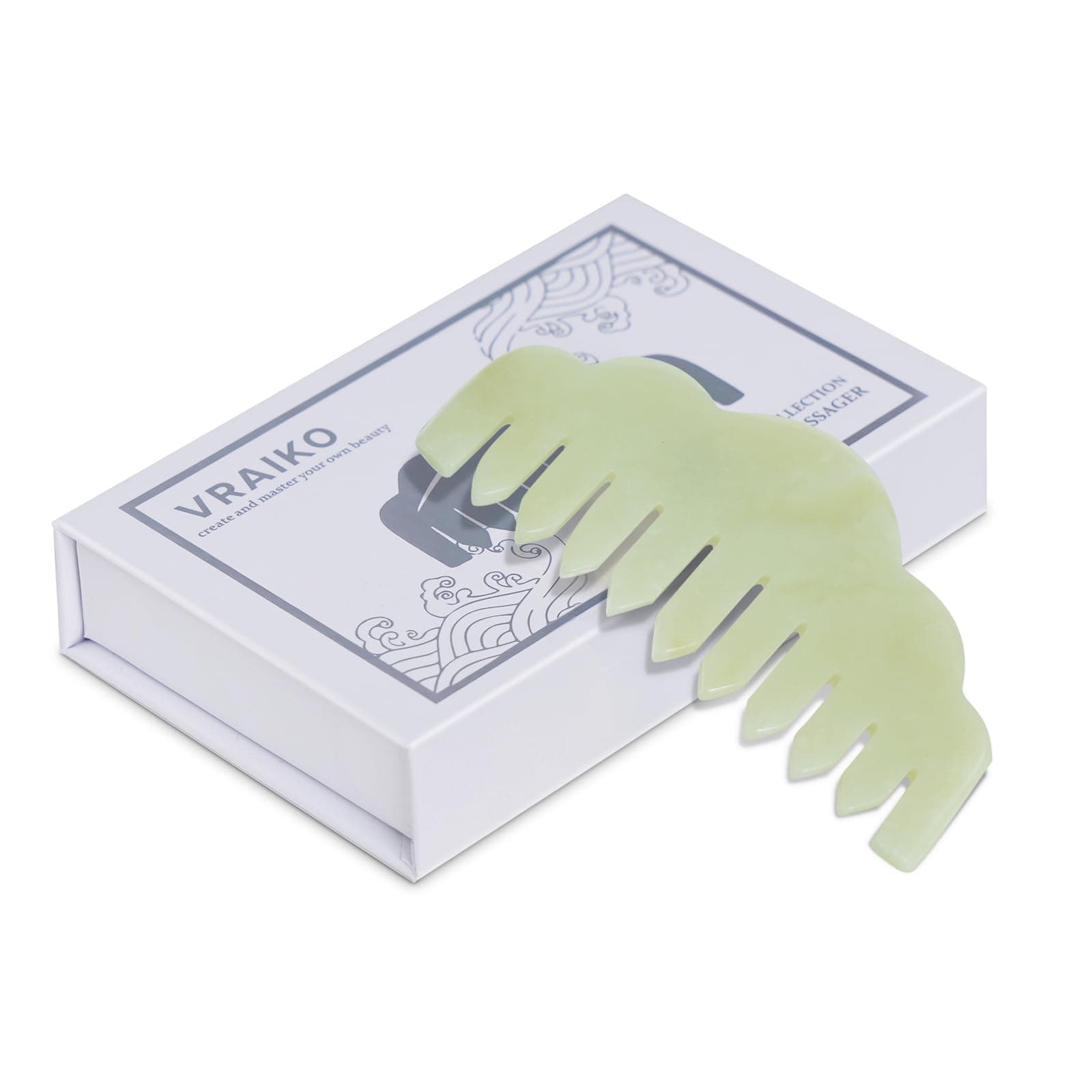 VRAIKO Natural Jade Comb Head Massager, Scalp Massage Comb and Gua Sha Scraping Tool, Meridians Massage Tool for Head Caring and Relaxation (Premium Serpentine Green)