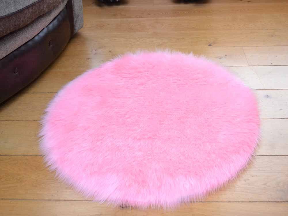 Faux Fur Soft Baby Pink Circular Sheepskin Style Rug Available in 2 Sizes (68cm Diameter)