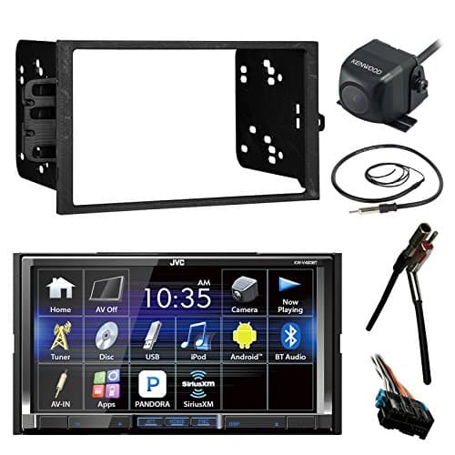 JVC KWV640BT 6.8" LCD Bluetooth CD DVD Car Stereo Receiver Bundle Combo with Waterproof Rearview Backup Camera + Dash Kit + Wire Harness for GM Vehicles + Enrock 22 AM/FM Radio Antenna with Adapter