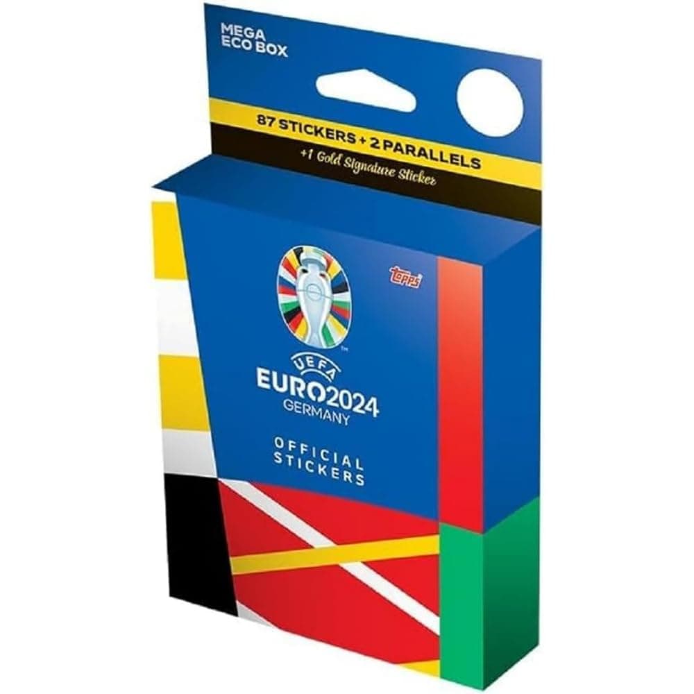 Topps Official Euro 2024 Sticker Collection - Mega Eco Box - contains 87 EURO 2024 stickers, 2 parallel stickers plus 1 Gold Signature Series sticker.