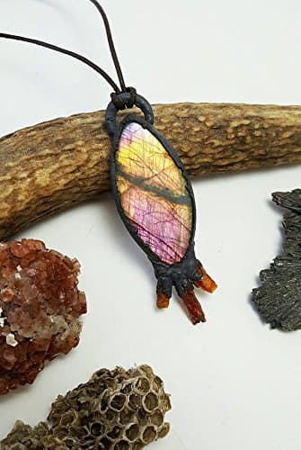 Labradorite Electroformed Pendant. orange Kyanite Witchy Magick Necklace Molten Black Copper Jewelry