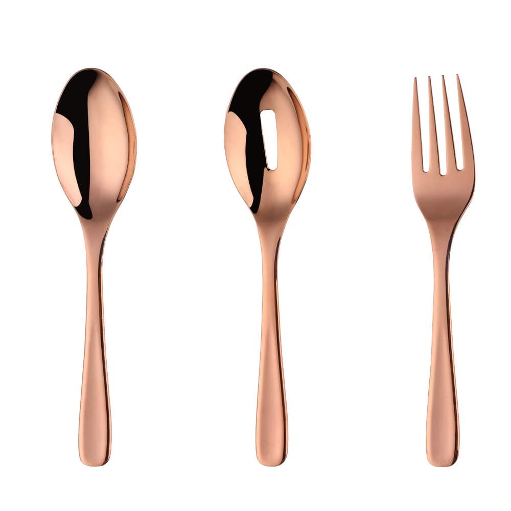 Bisda Stainless Steel Large Salad Serving Spoons x1, Salad Forks x1, Slottled Spoons x1, Rose Gold Coloured Salad Servers set 10.2inch length 3-piece Skimmer Slotted Serving Spoons Forks set