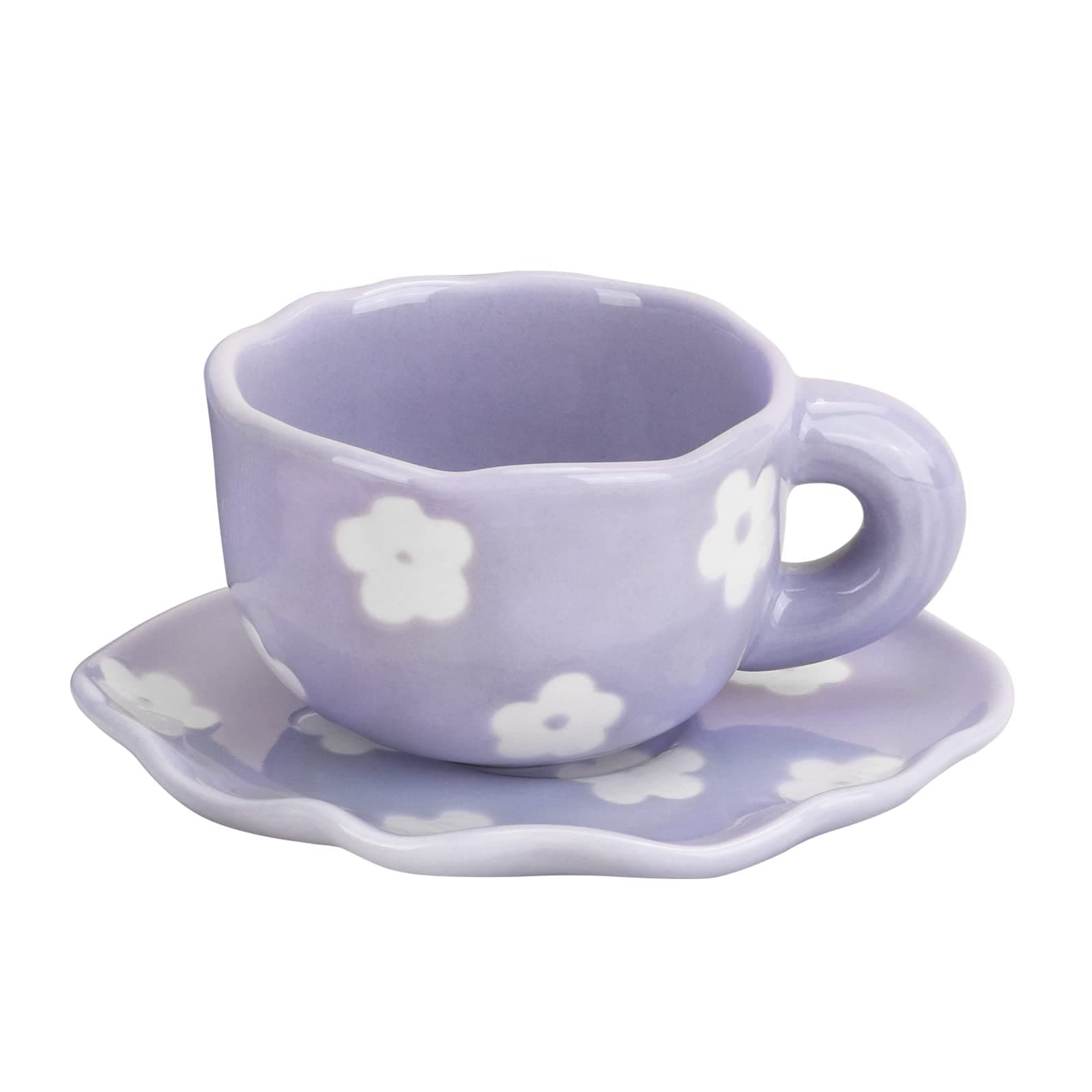 Koythin Ceramic Coffee Mug with Saucer Set, Cute Creative Cup Unique Irregular Saucer Design for Office and Home, 6 oz/180 ml for Latte Tea Milk (Purple Flower)