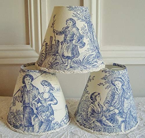 3 French Blue Toile de Jouy chandelier lampshades for sconce or wall light, Country style shabby chic clip on shade 4.3 x 5.1 ins