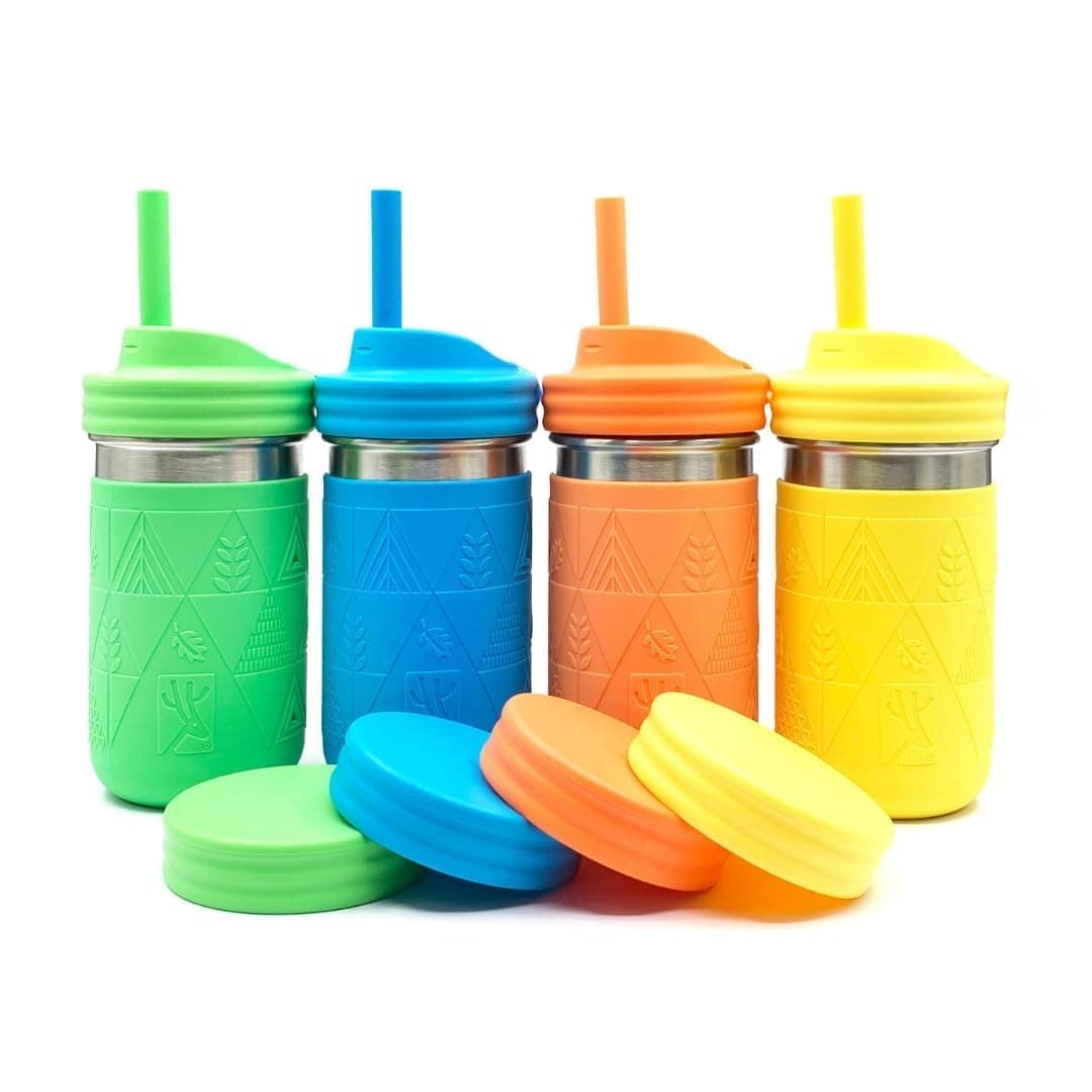 14oz Stainless Steel Tumblers, Mason Jar Design, Kids Toddler Tumblers with Silicone Sleeves and Straws with Cap, Green, Blue, Orange, Yellow, 4 Cups