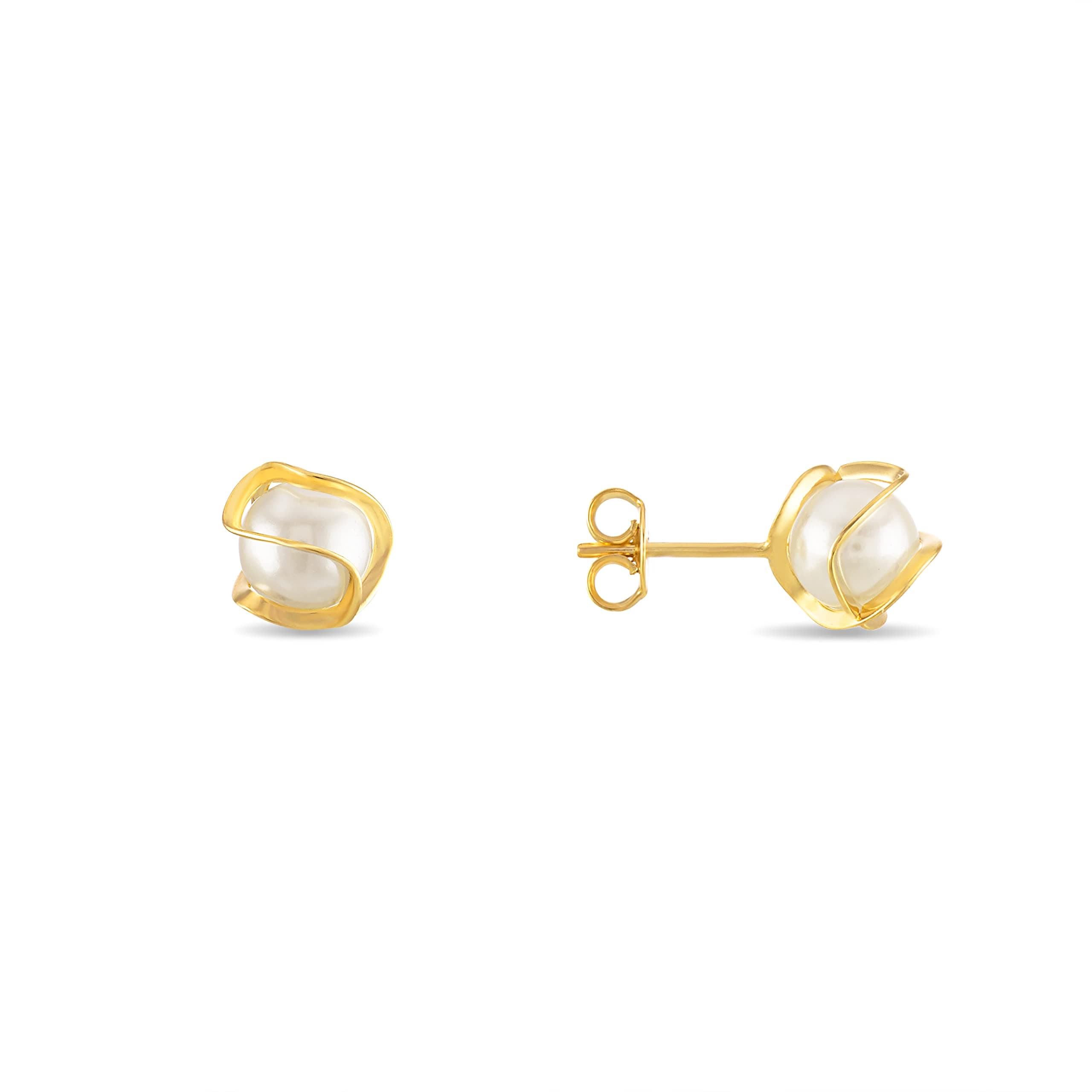 Barzel 18K Gold Plated Caged Pearl Stud Earrings, 6mm - Made in Brazil, 6mm, Gold Plated Brass, Created Pearl, 6mm, Gold Plated Brass, Synthetic Pearl