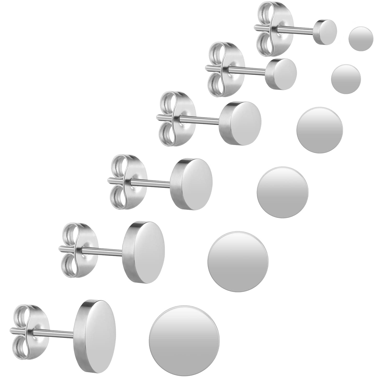 6 Pairs Unisex Stainless Steel Round Ball Earrings - Black Round Flat Top Stud Earrings Set for Women, Men, Girls (3 mm-8 mm)