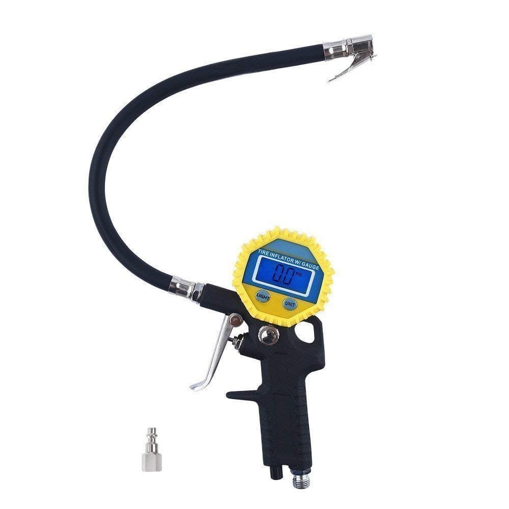 BaseWish Electric Digital Tire Inflator Gauge with Flexible Rubber Hose, 3-in-1 Inflation Gun, Lock-On Air Chuck and Pressure Gauge, Range from 0-150 PSI