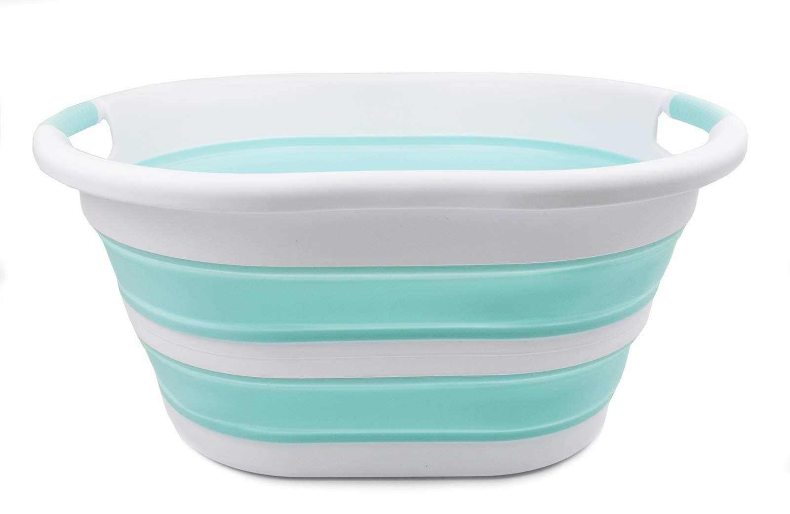 SAMMART36L Collapsible Plastic Laundry Basket - Oval Tub/Basket - Foldable Storage Container/Organizer - Portable Washing Tub - Space Saving Laundry Hamper, Water Capacity: 28L (1, White/Lake Green)