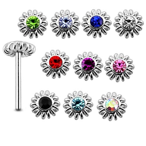 20 Pieces Mix Color Jeweled Coiled Flower 925 Sterling Silver Nose Pin Straight End 20Gx5/16 (0.8x8MM). Pack in Acrylic Box.