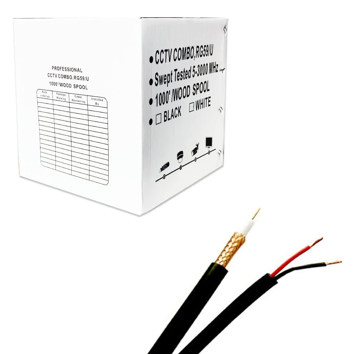 1000 ft. Siamese RG59 Coaxial CCTV Combo Cable Black - 20AWG RG59 + 18/2 18AWG Power