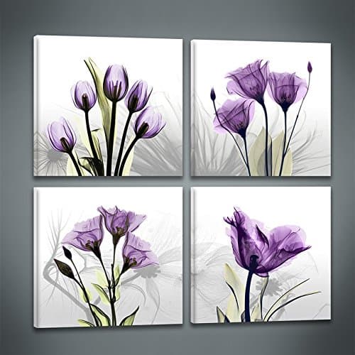 4 Panles Elegant Purple Tulip Abstract Flower Painting Artwork Canvas Print Wall Art for Bedroom Wall Decor